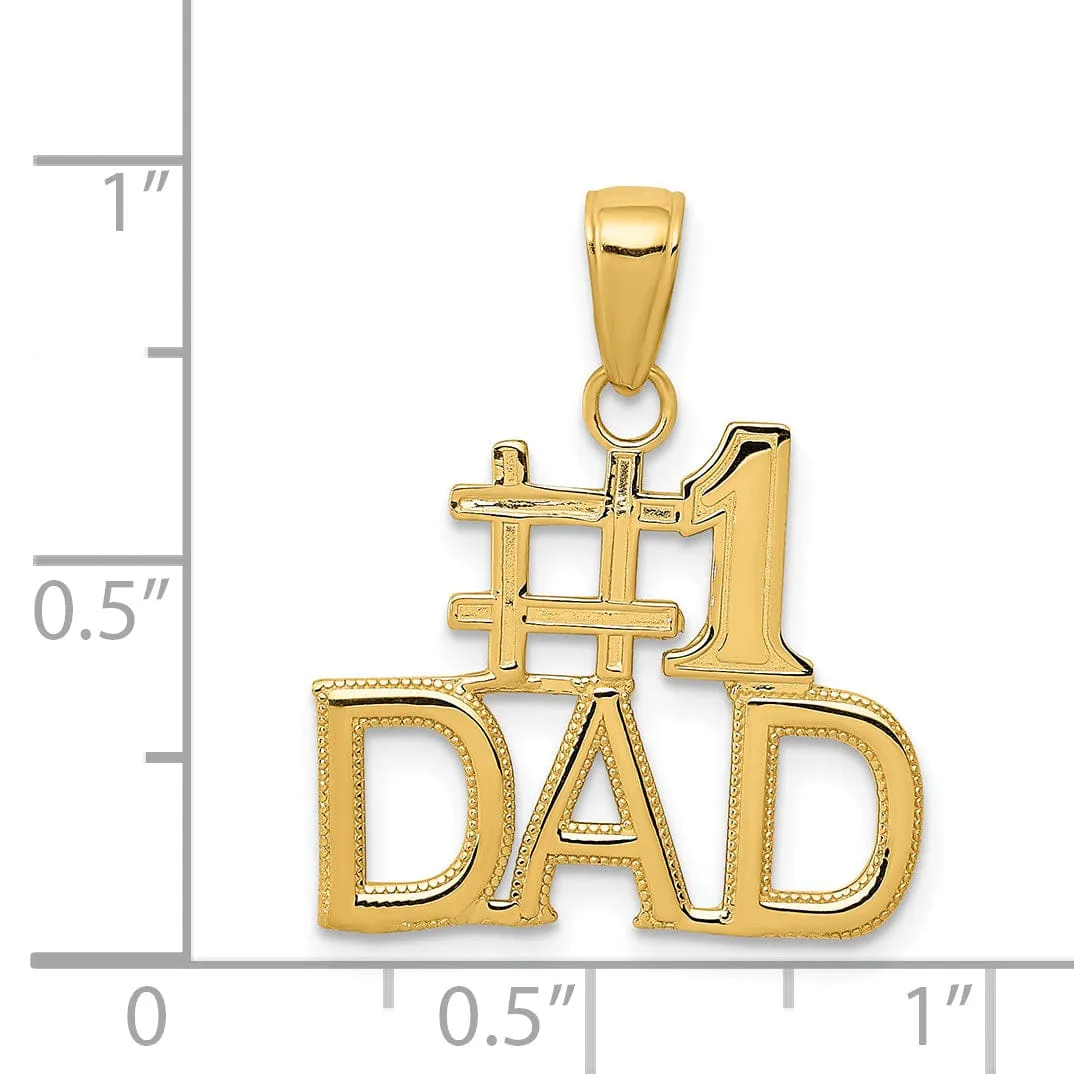 14k Yellow Gold Polished Beaded Textured Finish Script  #1 DAD Charm Pendant