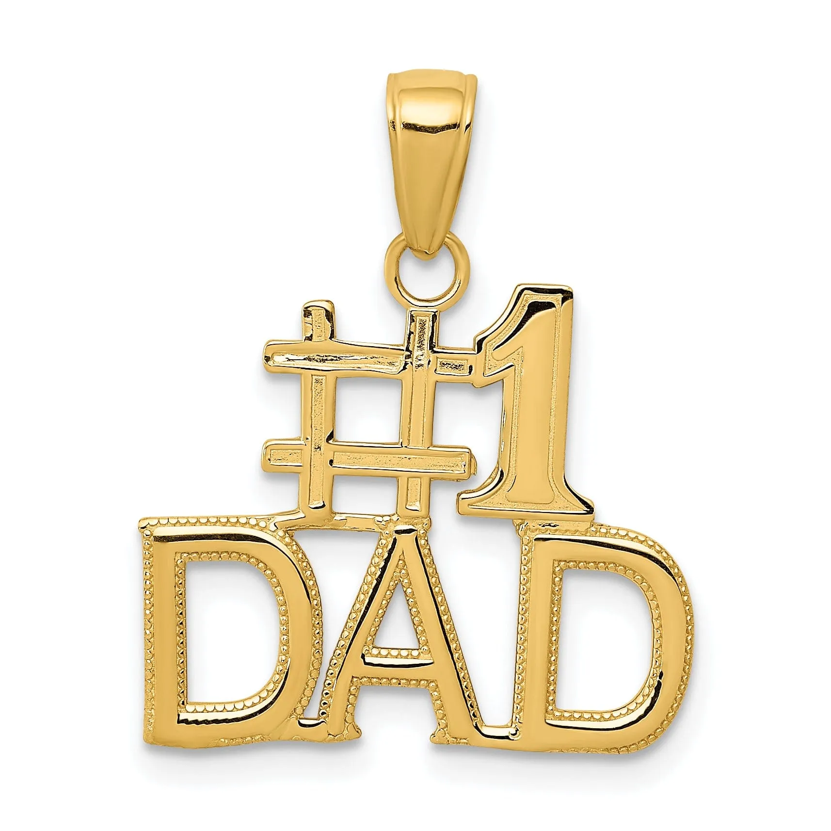 14k Yellow Gold Polished Beaded Textured Finish Script  #1 DAD Charm Pendant