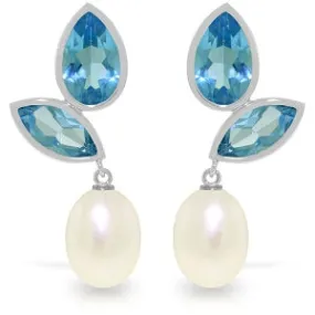 16 Carat 14K Solid White Gold Chandelier Earrings Pearl Blue Topaz