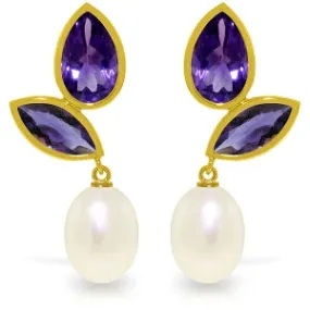 16 Carat 14K Solid Yellow Gold Chandelier Earrings Pearl Amethyst