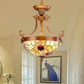 16"/18" W Stained Glass Flower/Leaf Chandelier Light Fixture - White Victorian Hanging Lamp Kit (3 Lights) for Corridor