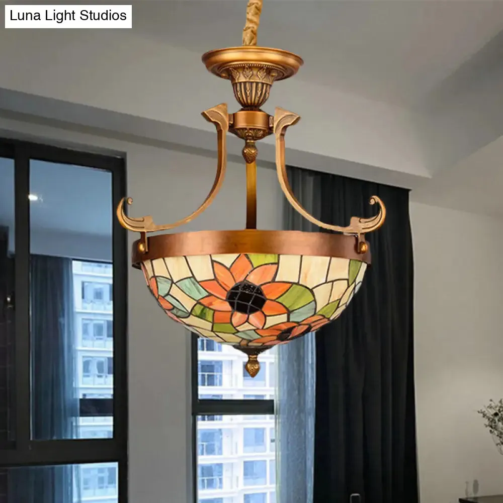 16"/18" W Stained Glass Flower/Leaf Chandelier Light Fixture - White Victorian Hanging Lamp Kit (3 Lights) for Corridor