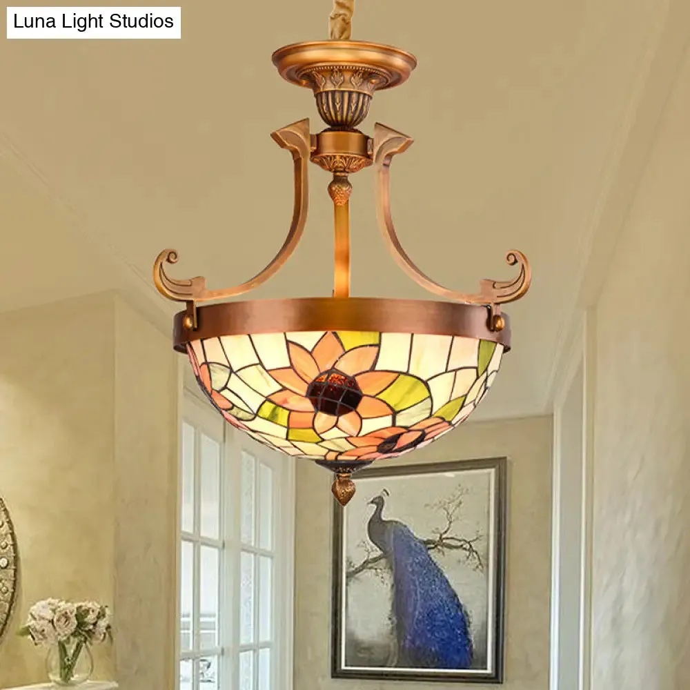 16"/18" W Stained Glass Flower/Leaf Chandelier Light Fixture - White Victorian Hanging Lamp Kit (3 Lights) for Corridor