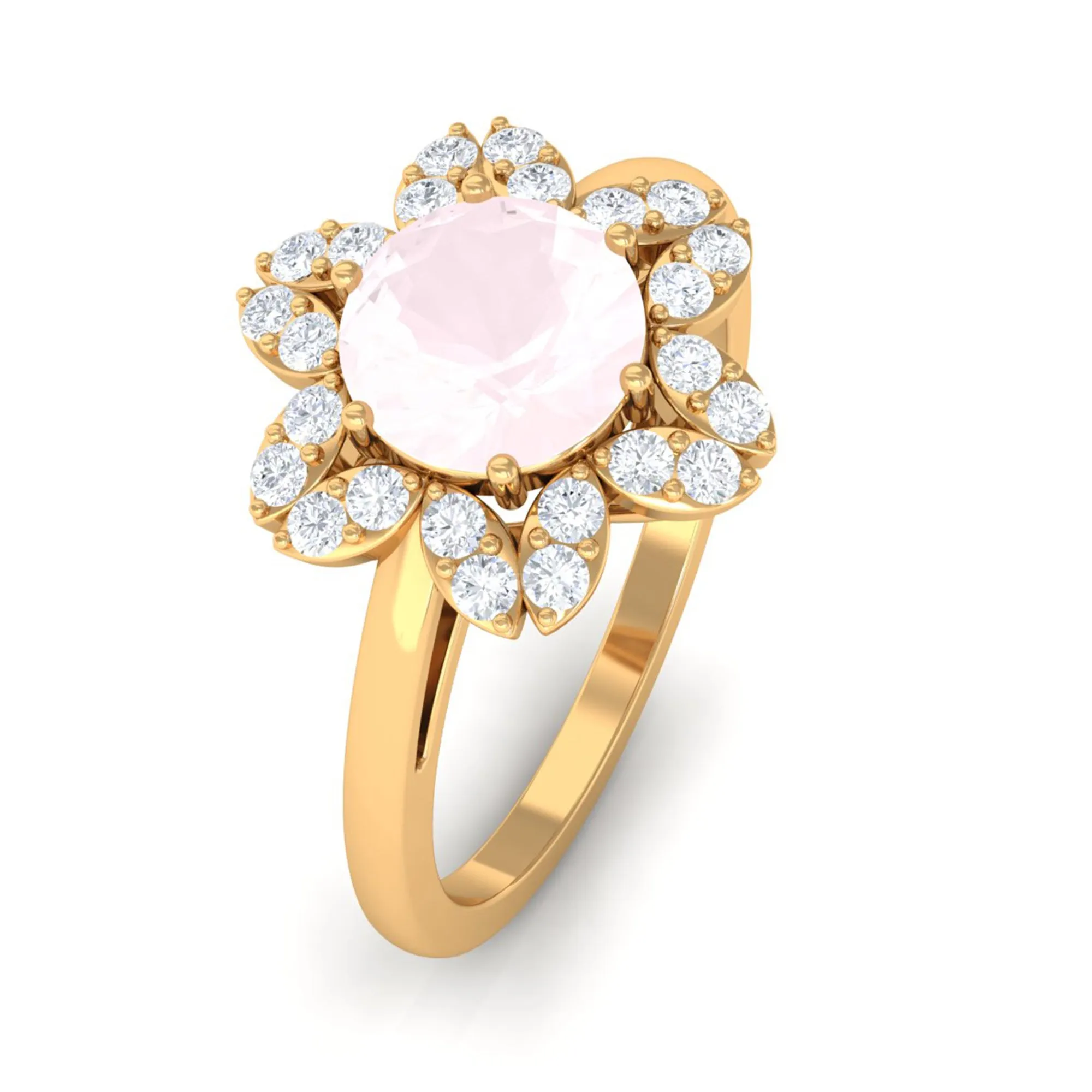 1.75 CT Natural Rose Quartz Floral Ring with Diamond Halo