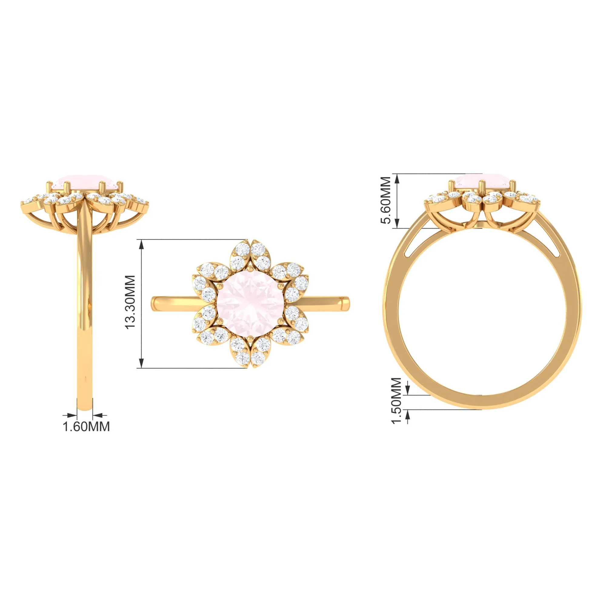 1.75 CT Natural Rose Quartz Floral Ring with Diamond Halo