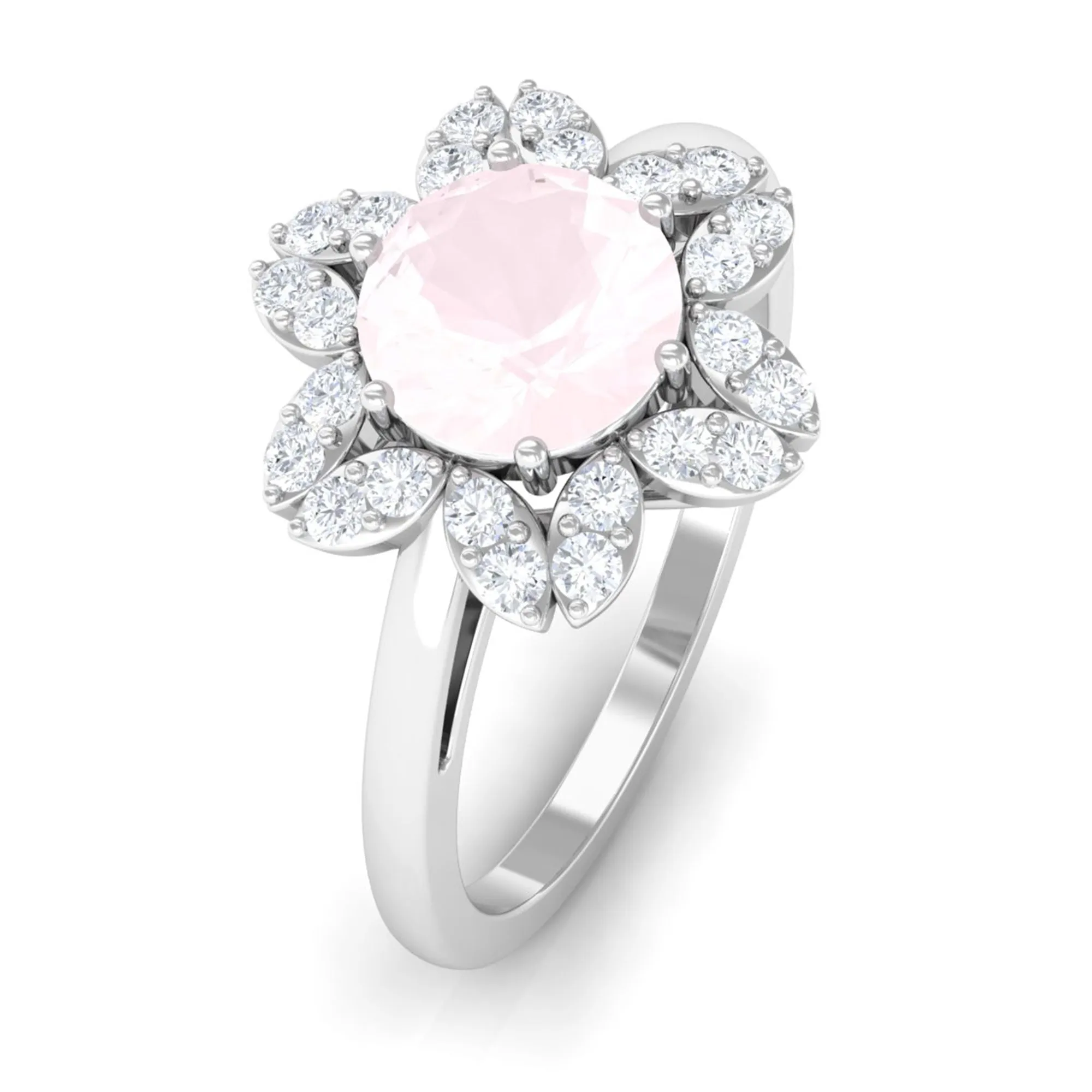1.75 CT Natural Rose Quartz Floral Ring with Diamond Halo