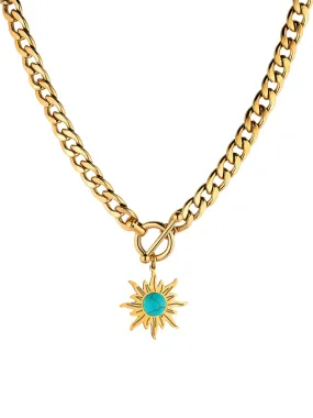 18k Gold Chain Necklace With Turquoise Stone Sun Pendant