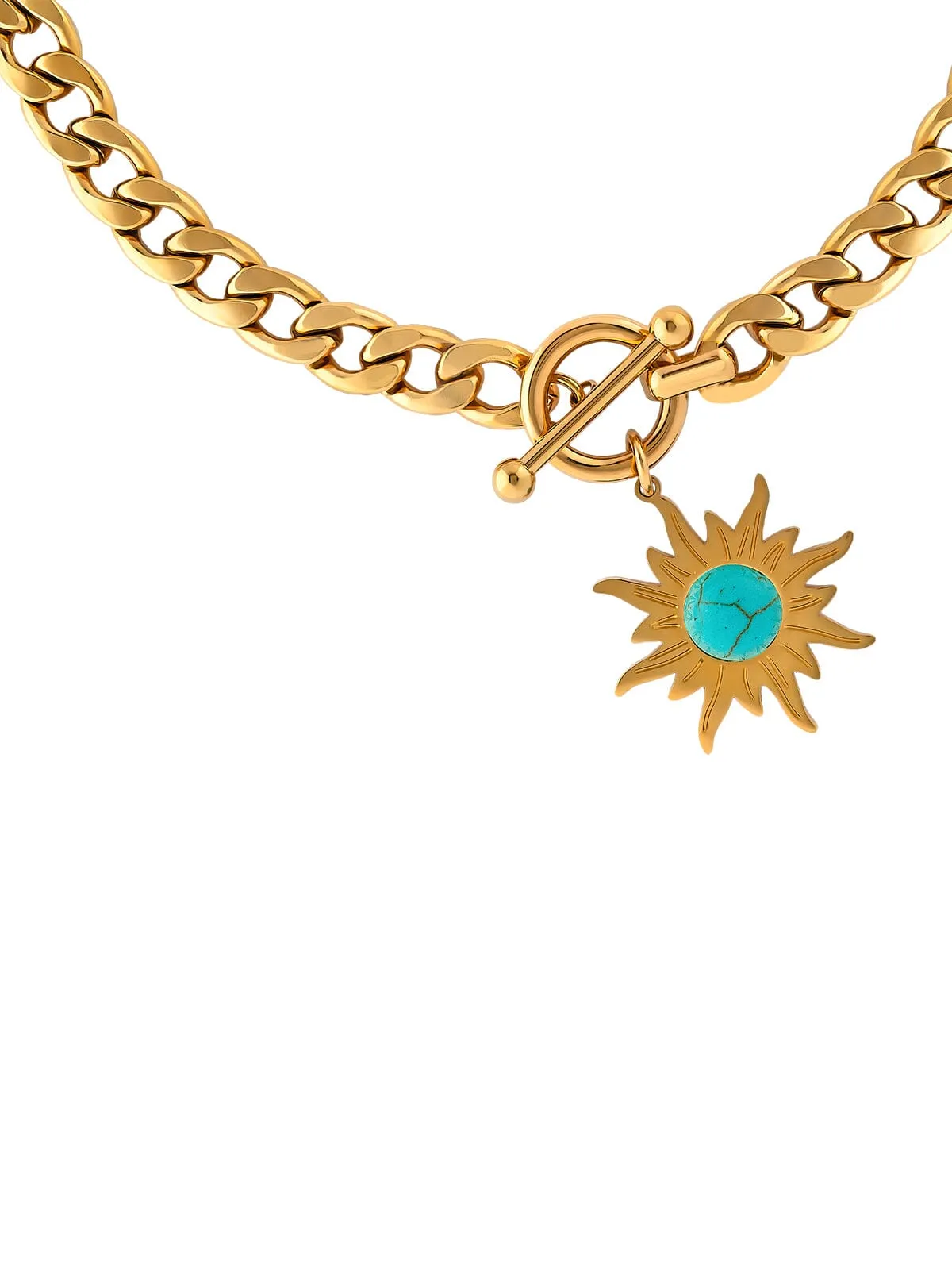 18k Gold Chain Necklace With Turquoise Stone Sun Pendant