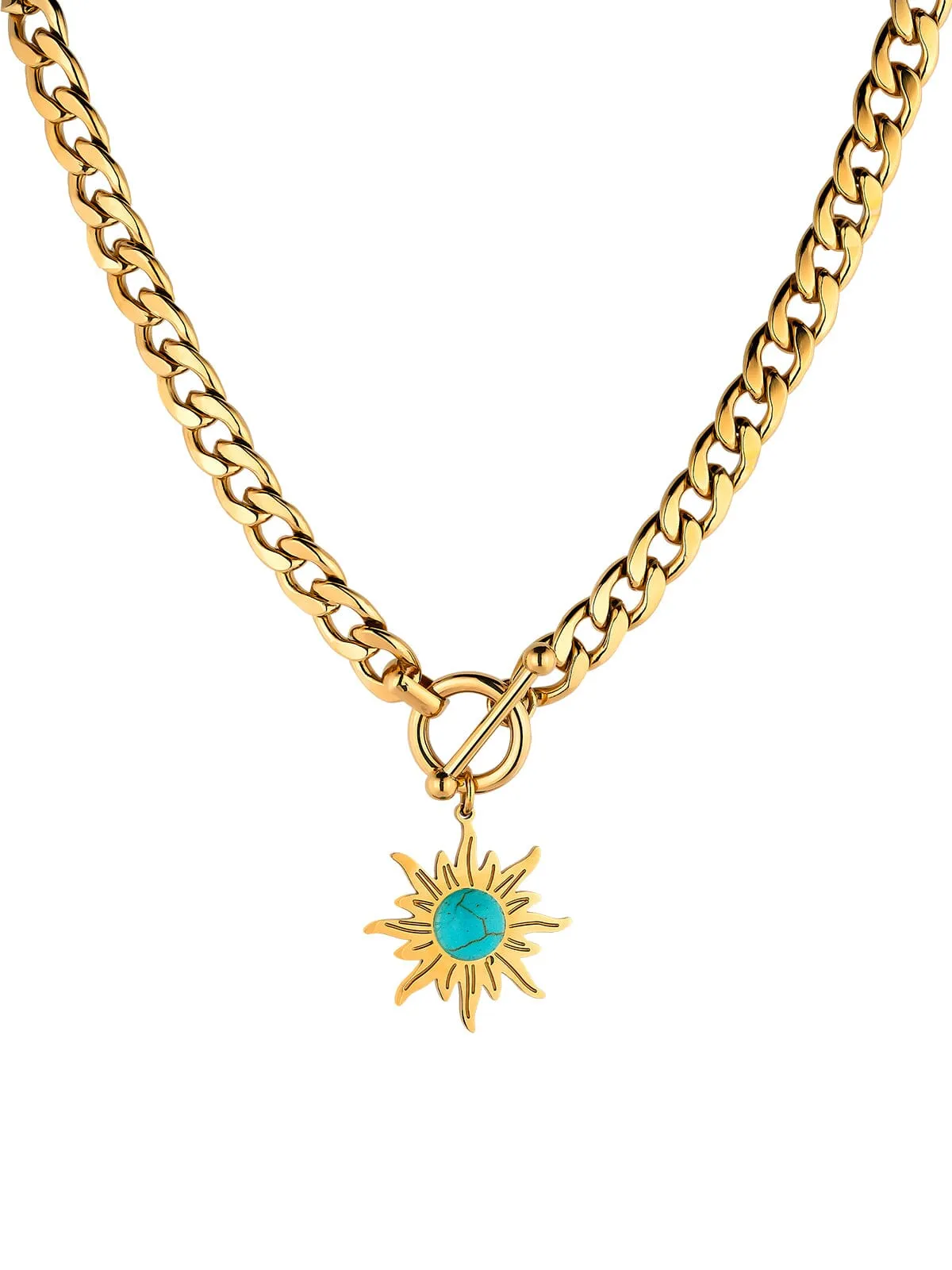 18k Gold Chain Necklace With Turquoise Stone Sun Pendant