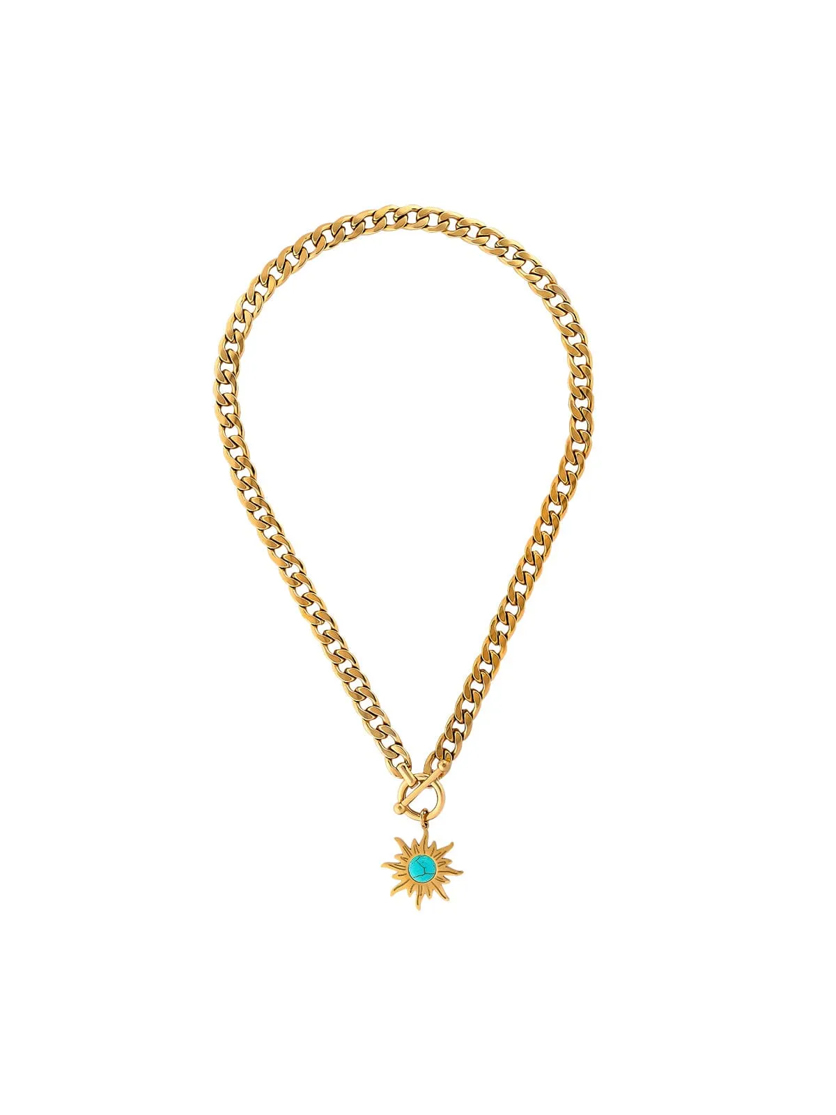18k Gold Chain Necklace With Turquoise Stone Sun Pendant