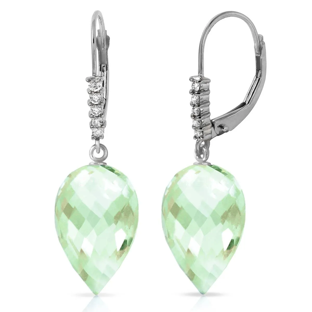 19.15 Carat 14K Solid White Gold Drop Briolette Green Amethyst Diamond Earrings