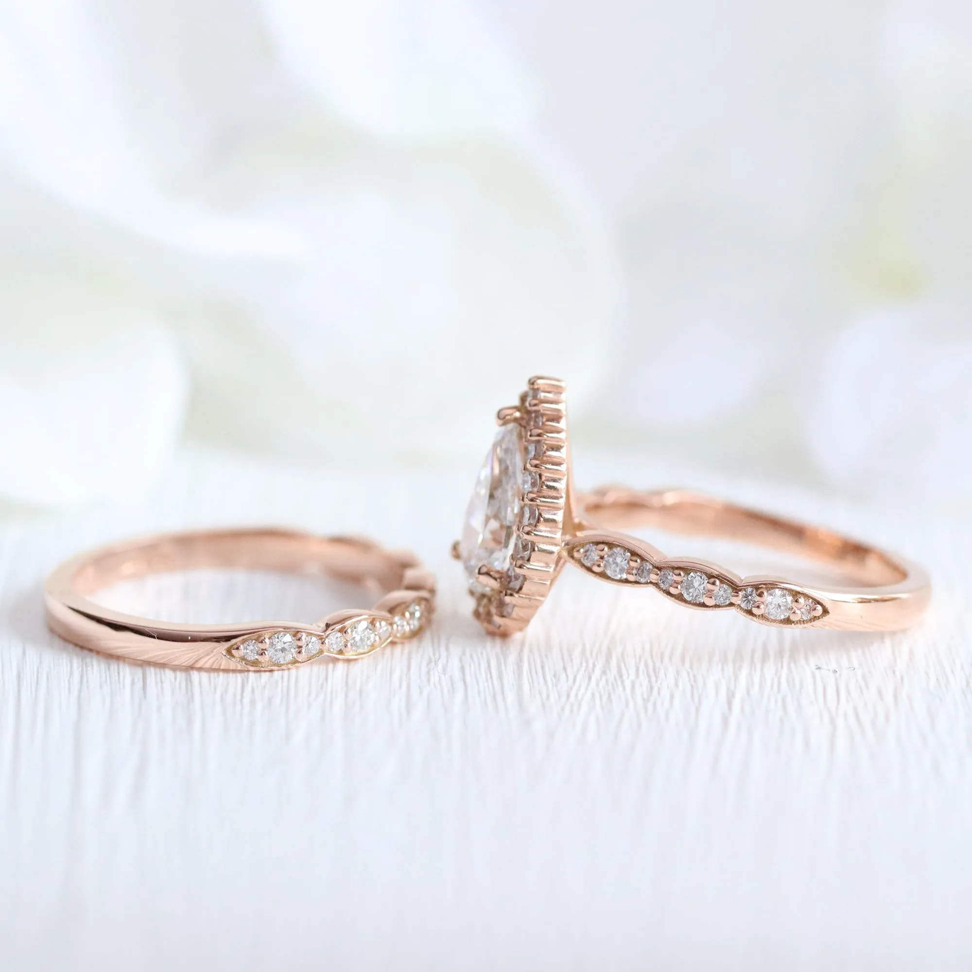 2 Ct Pear Diamond Halo Ring Set w/ Lab Diamond and Matching Wedding Band
