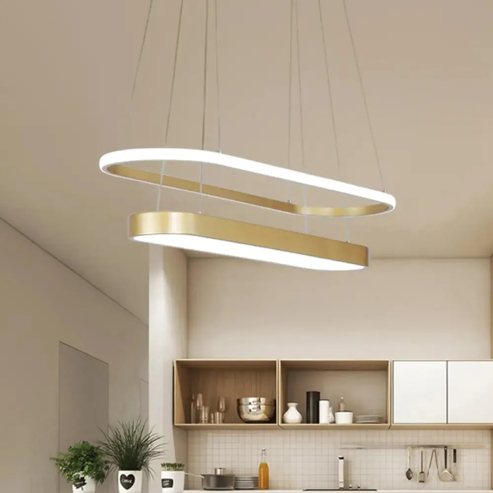 2-Layer Oval Chandelier Lamp: Nordic Metal LED Pendant Kit in Black/Gold with Warm/White Light - Ideal for Restaurants