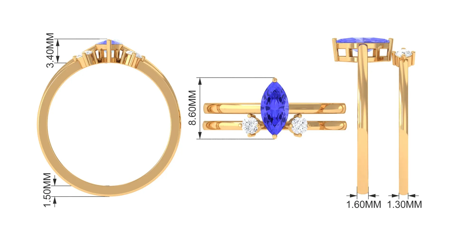 3/4 CT Marquise Cut Tanzanite Simple Solitaire Ring Set with Diamond