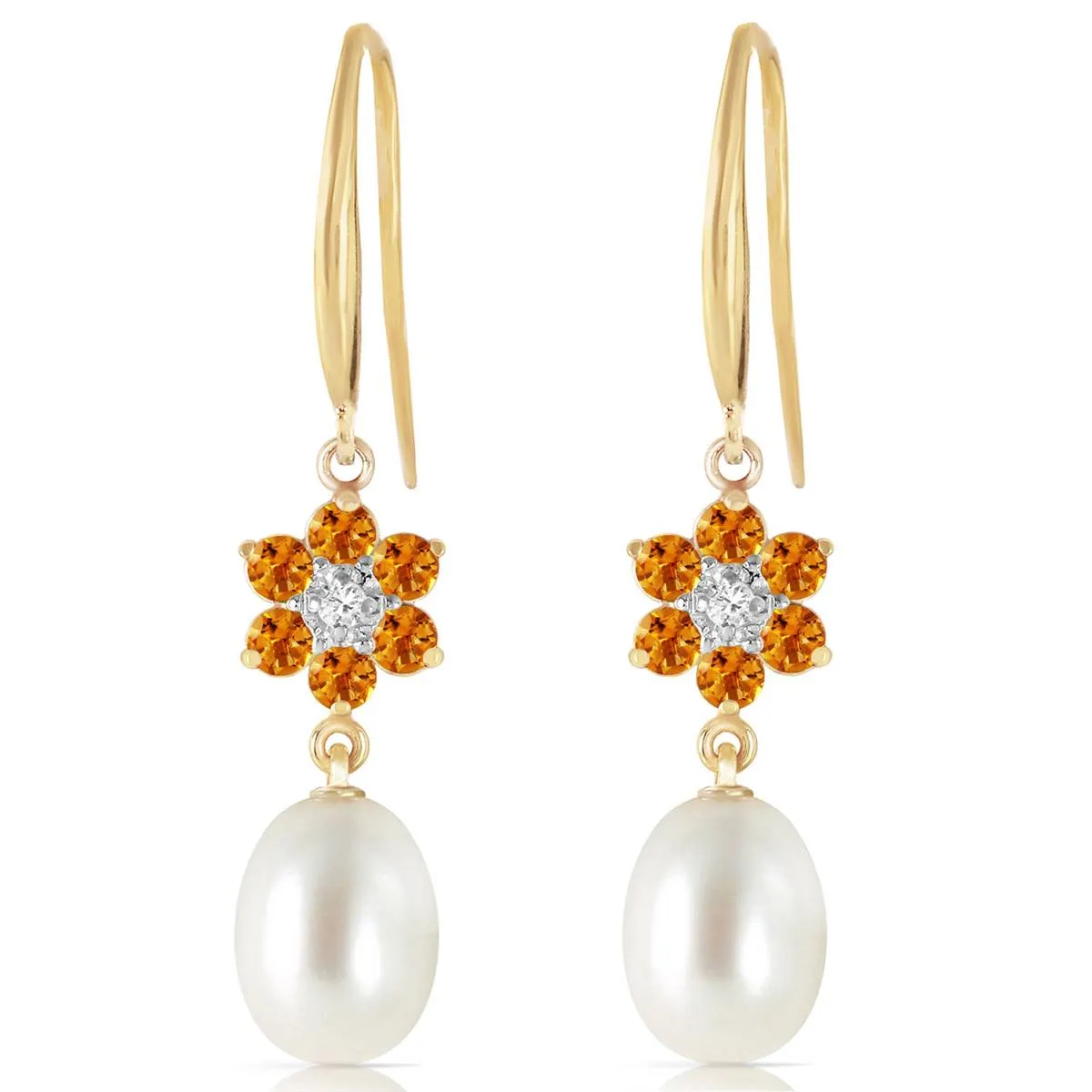 9.01 Carat 14K Solid Yellow Gold Fish Hook Earrings Diamond, Citrine Pearl