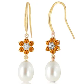 9.01 Carat 14K Solid Yellow Gold Fish Hook Earrings Diamond, Citrine Pearl