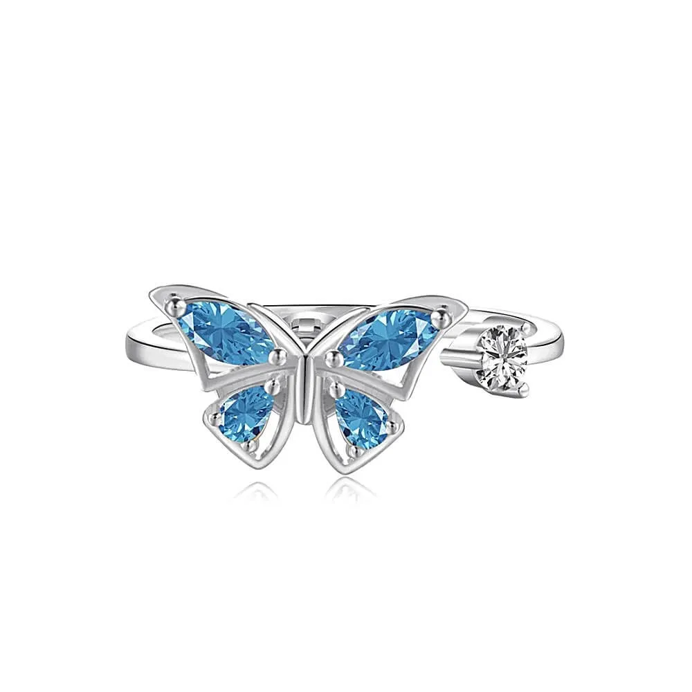 925 Silver Blue Butterfly CZ Diamond Toi et Moi Ring