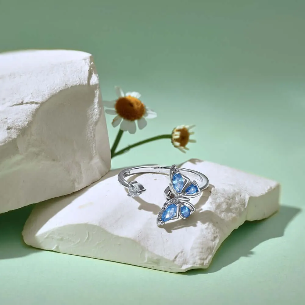 925 Silver Blue Butterfly CZ Diamond Toi et Moi Ring