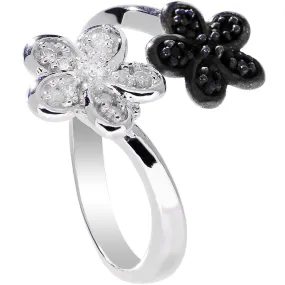 925 Sterling Silver Clear Black CZ Twin Flower Toe Ring