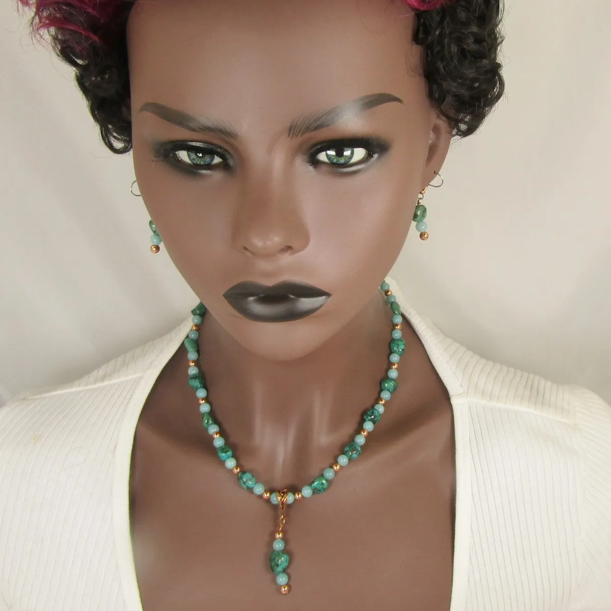 African Turquoise and Amazonite Bead Necklace & Earrings