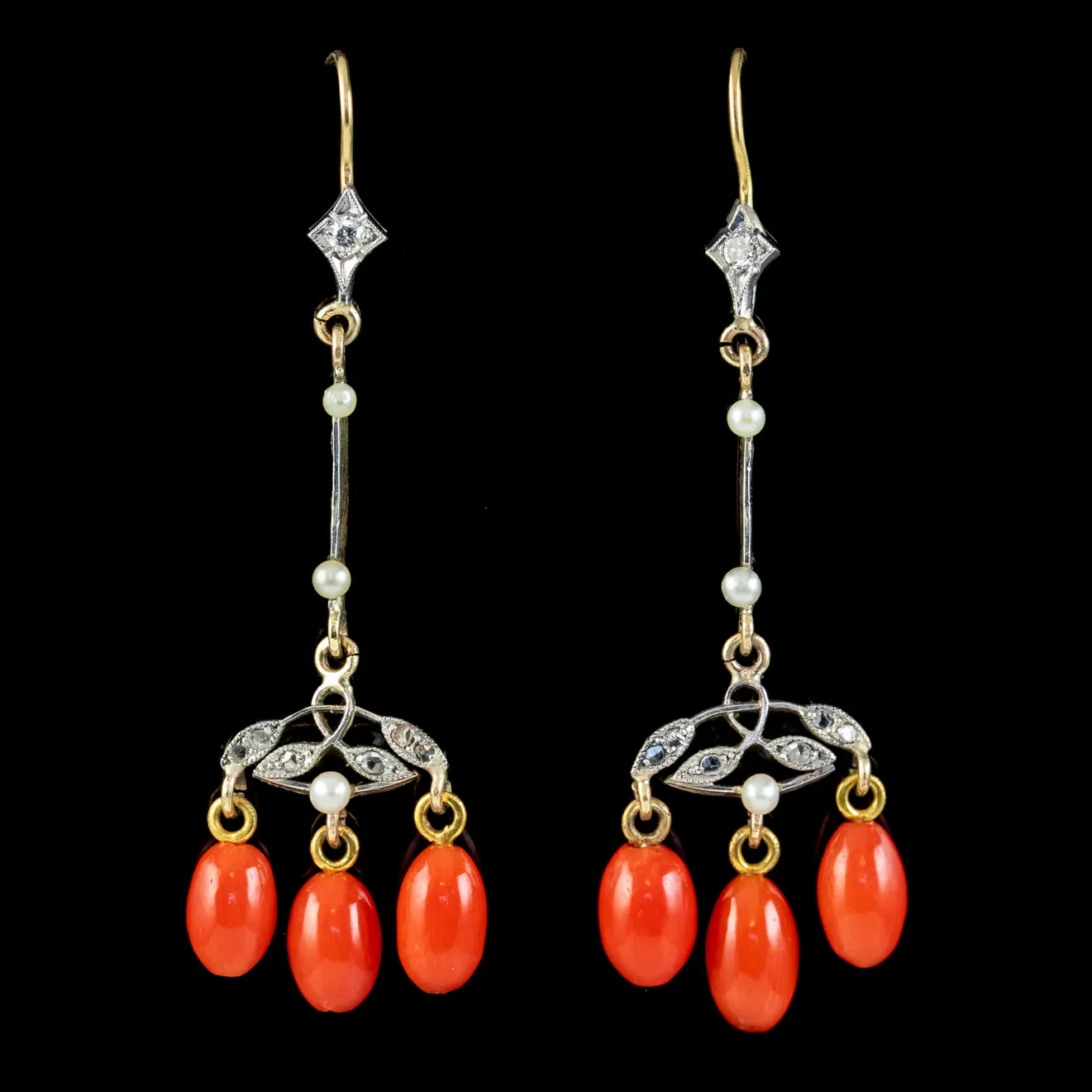 Antique Victorian Coral Diamond Pearl Drop Earrings Platinum 18ct Gold Circa 1900