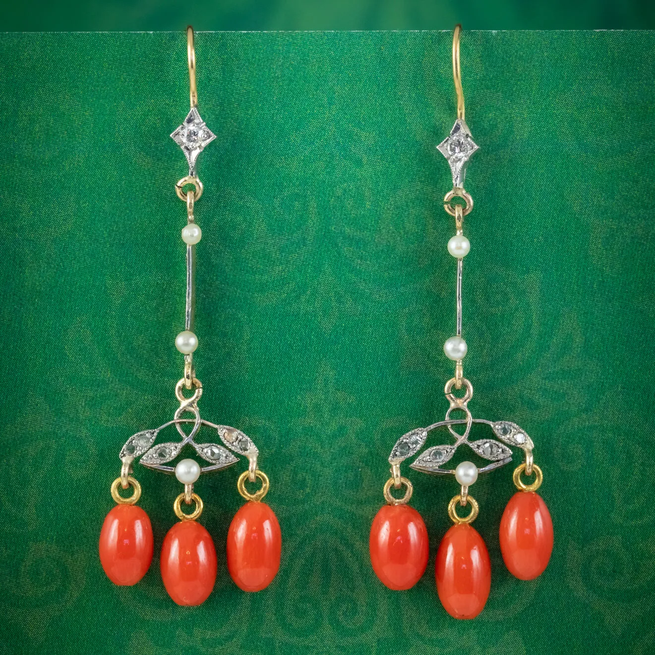 Antique Victorian Coral Diamond Pearl Drop Earrings Platinum 18ct Gold Circa 1900