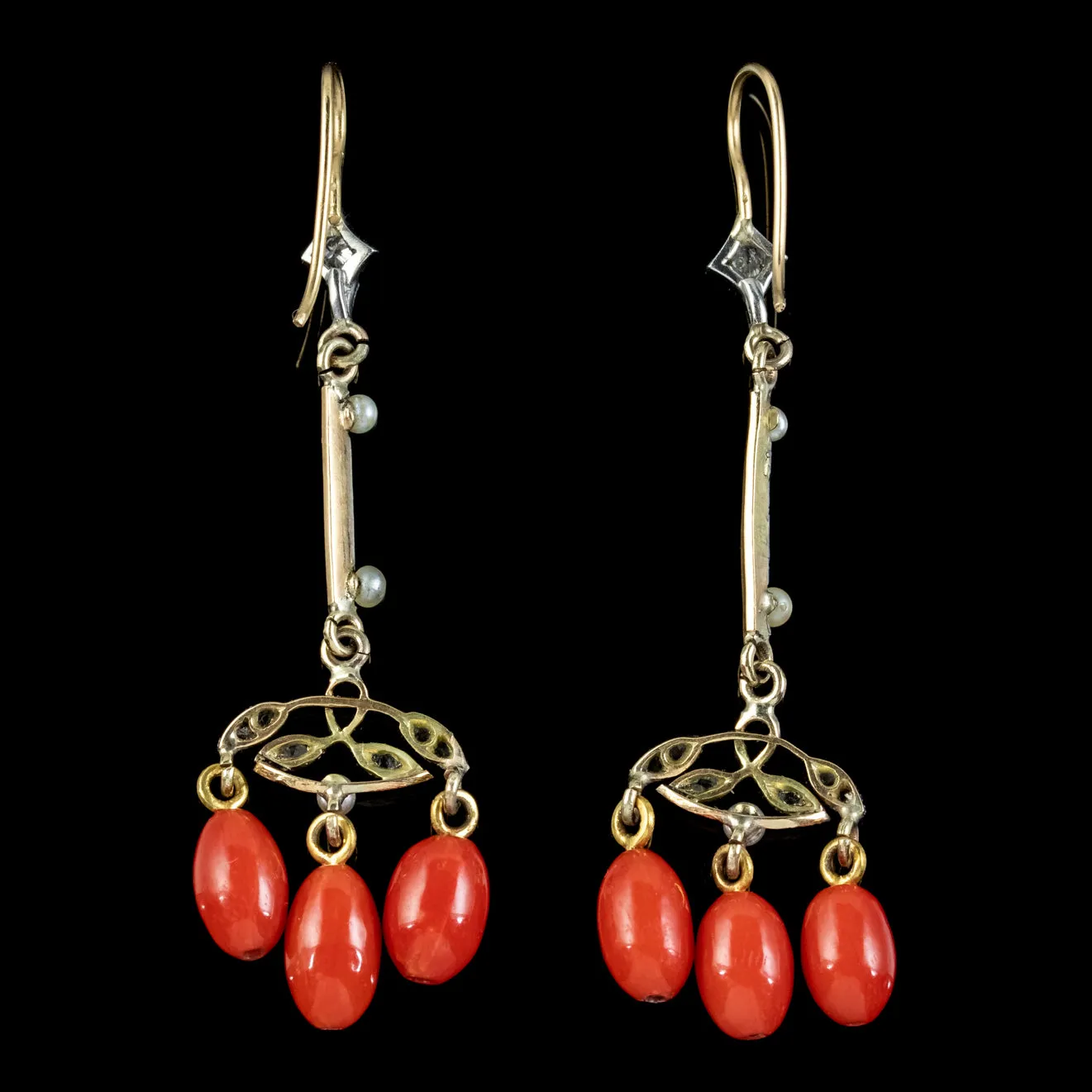 Antique Victorian Coral Diamond Pearl Drop Earrings Platinum 18ct Gold Circa 1900
