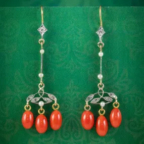 Antique Victorian Coral Diamond Pearl Drop Earrings Platinum 18ct Gold Circa 1900
