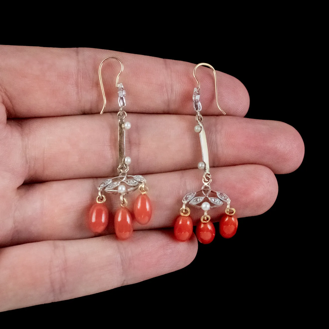 Antique Victorian Coral Diamond Pearl Drop Earrings Platinum 18ct Gold Circa 1900