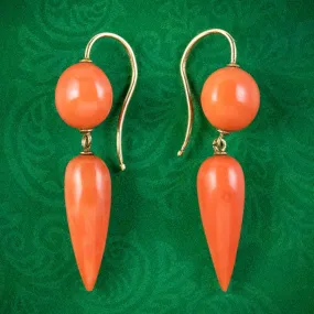 Antique Victorian Coral Drop Earrings 15ct Gold