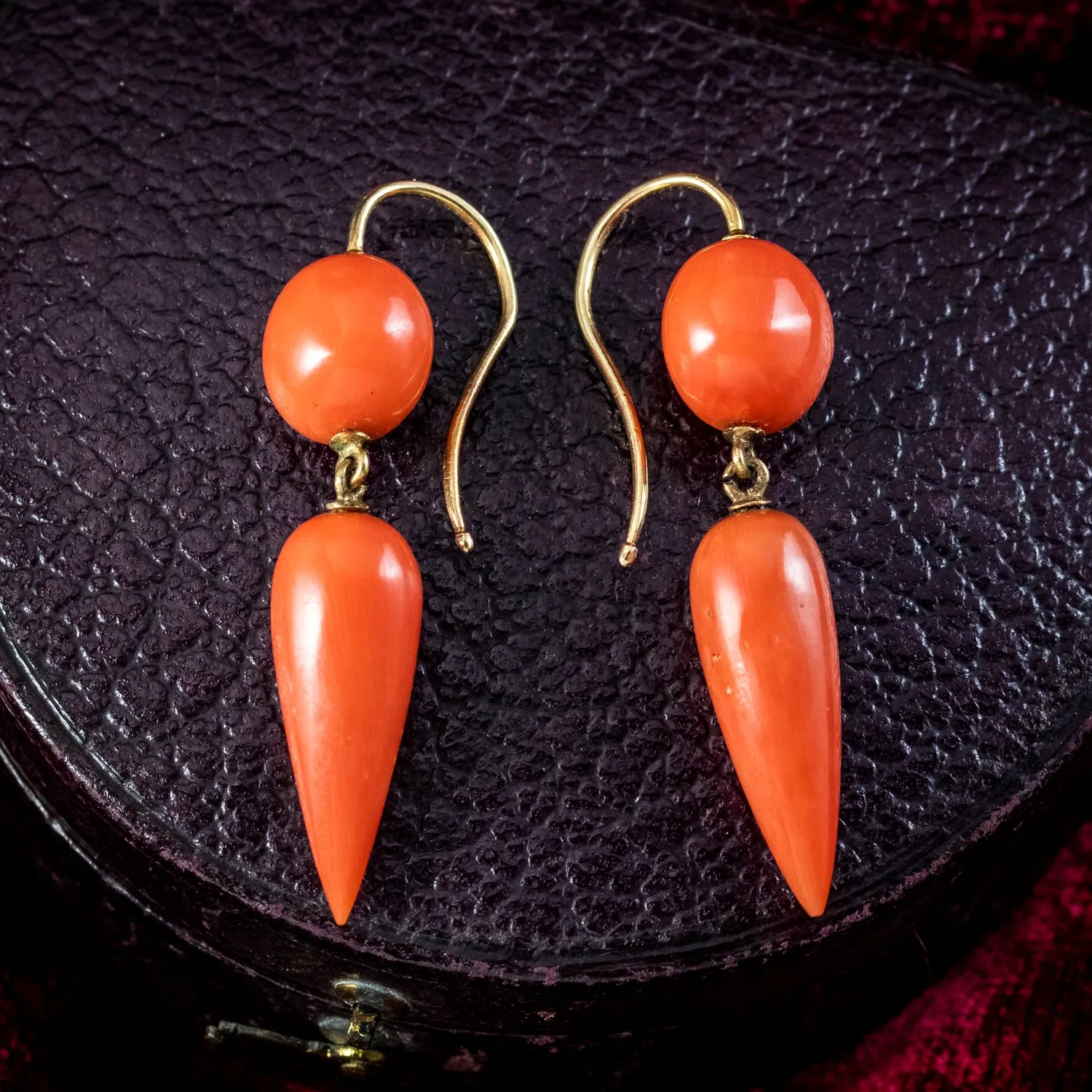 Antique Victorian Coral Drop Earrings 15ct Gold