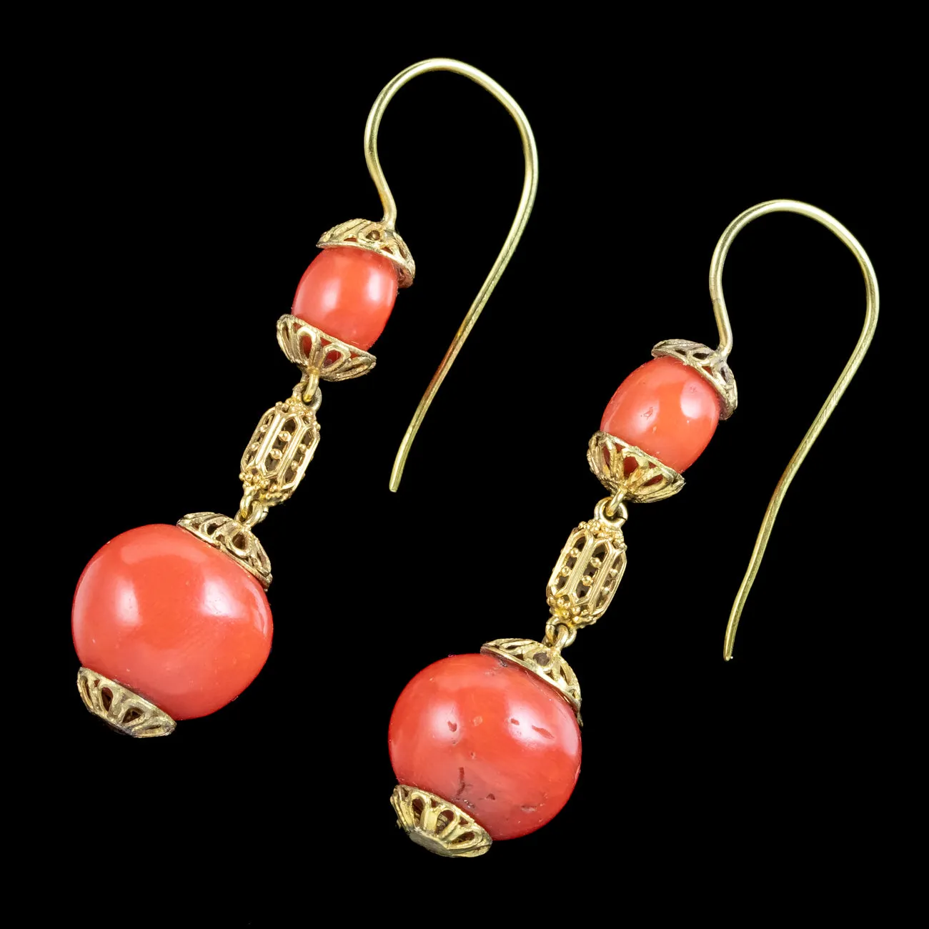 Antique Victorian Coral Drop Earrings 18ct Gold