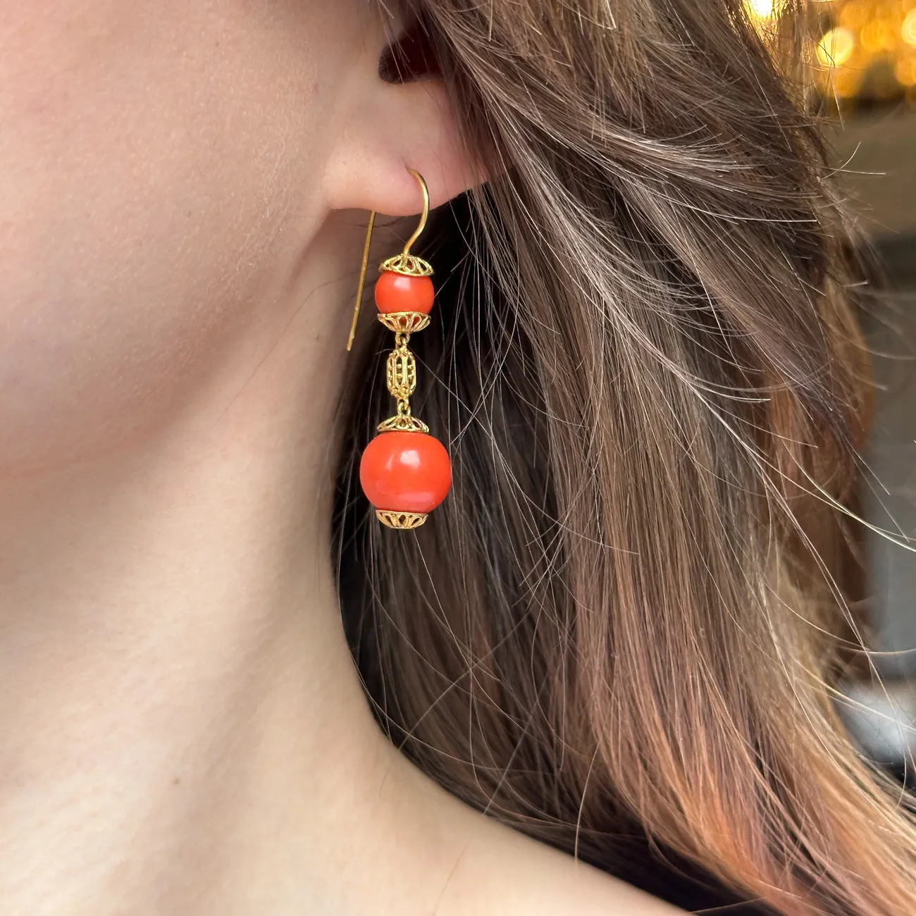 Antique Victorian Coral Drop Earrings 18ct Gold