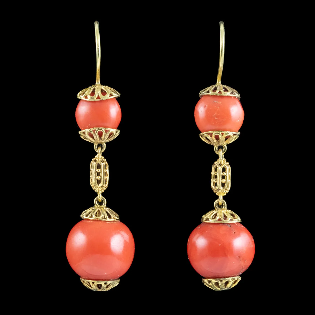 Antique Victorian Coral Drop Earrings 18ct Gold