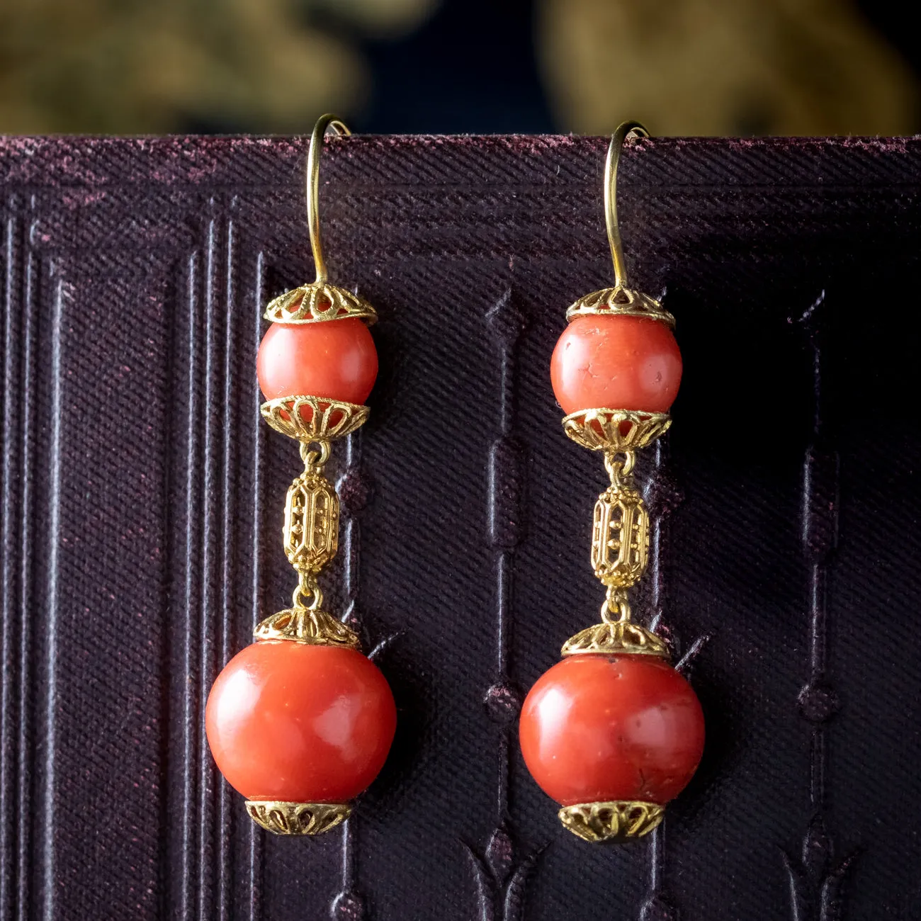 Antique Victorian Coral Drop Earrings 18ct Gold