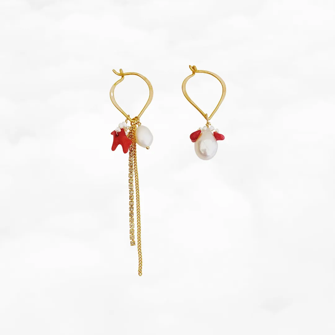 Asymmetrical Red Coral and Pearl Earrings