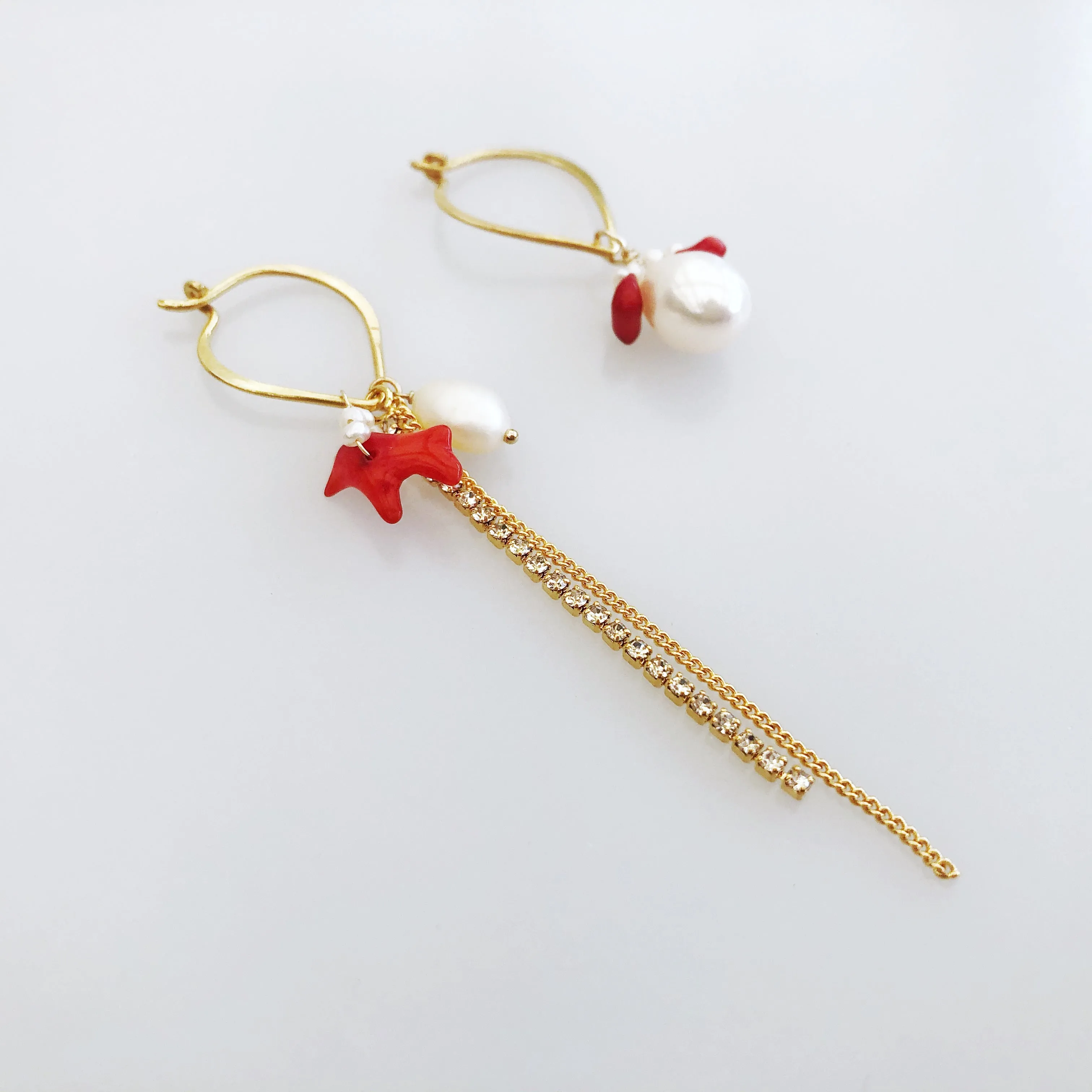 Asymmetrical Red Coral and Pearl Earrings