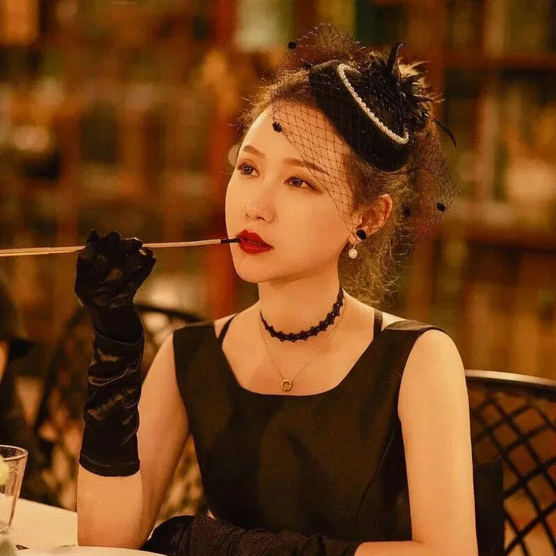 Black Veil Charm Stewardess Hat Retro Feather Pearl Hairpin Women Wedding Hair Accessories Hair Cip Party Headdress Bride Jwelry