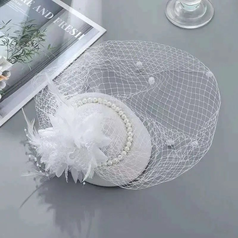 Black Veil Charm Stewardess Hat Retro Feather Pearl Hairpin Women Wedding Hair Accessories Hair Cip Party Headdress Bride Jwelry