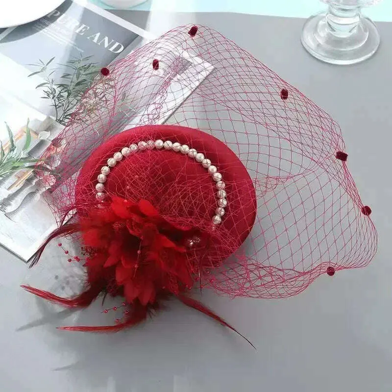 Black Veil Charm Stewardess Hat Retro Feather Pearl Hairpin Women Wedding Hair Accessories Hair Cip Party Headdress Bride Jwelry