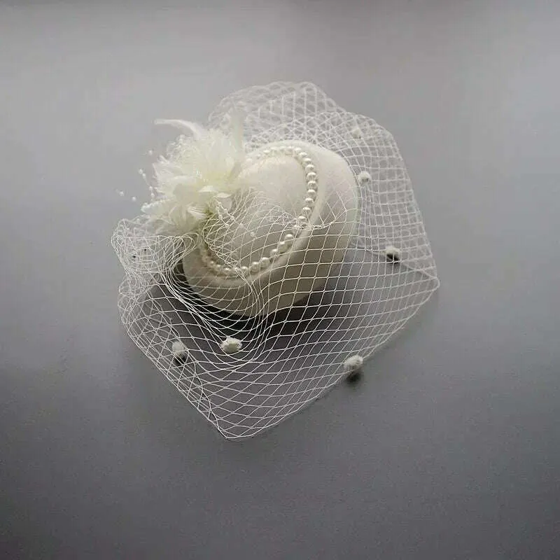Black Veil Charm Stewardess Hat Retro Feather Pearl Hairpin Women Wedding Hair Accessories Hair Cip Party Headdress Bride Jwelry