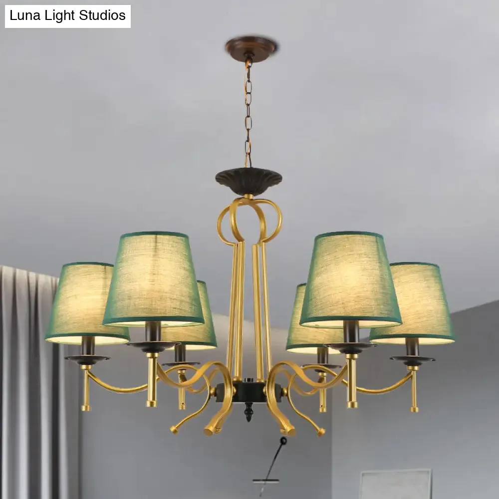 Blackish Green/Flaxen 6/8-Light Chandelier - Retro Fabric Shade with Curvy Metal Arm