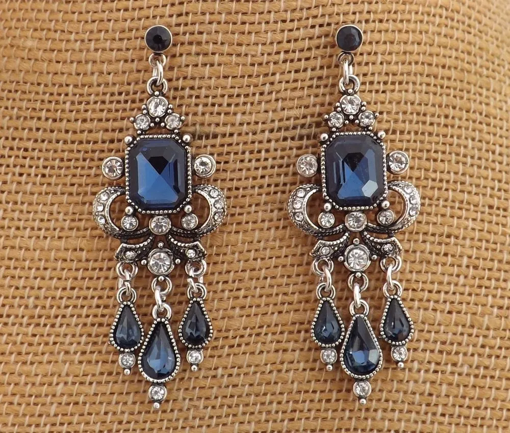 Blue & Silver Tone Chandelier Drop Earrings