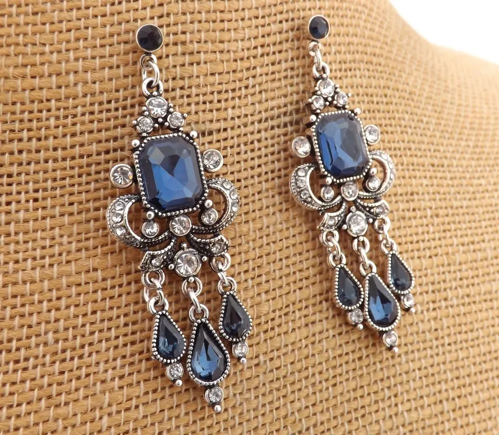 Blue & Silver Tone Chandelier Drop Earrings