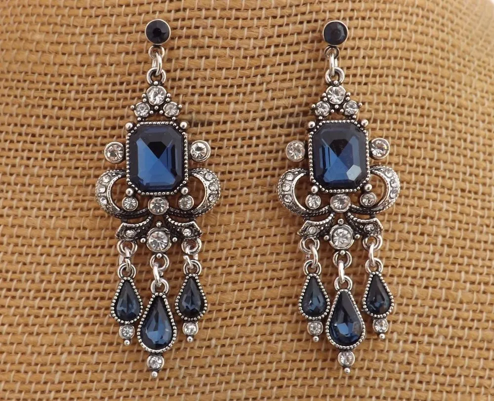 Blue & Silver Tone Chandelier Drop Earrings