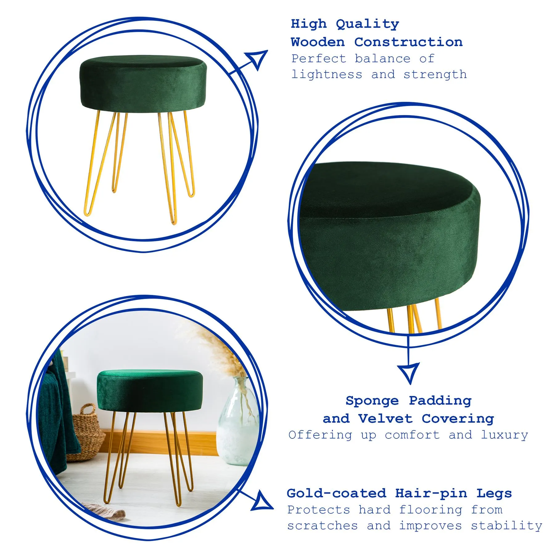 Blue Round Velvet Footstool - By Harbour Housewares