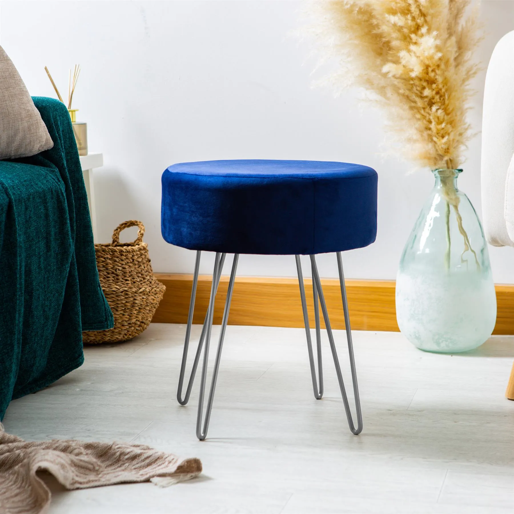 Blue Round Velvet Footstool - By Harbour Housewares