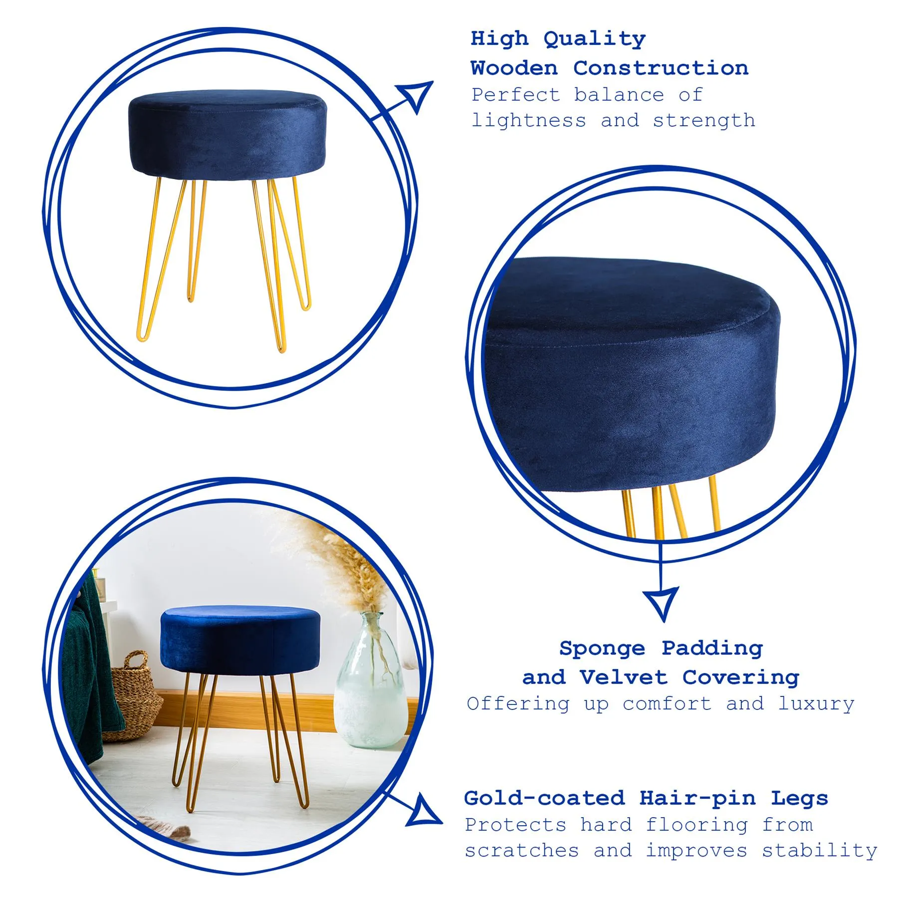 Blue Round Velvet Footstool - By Harbour Housewares