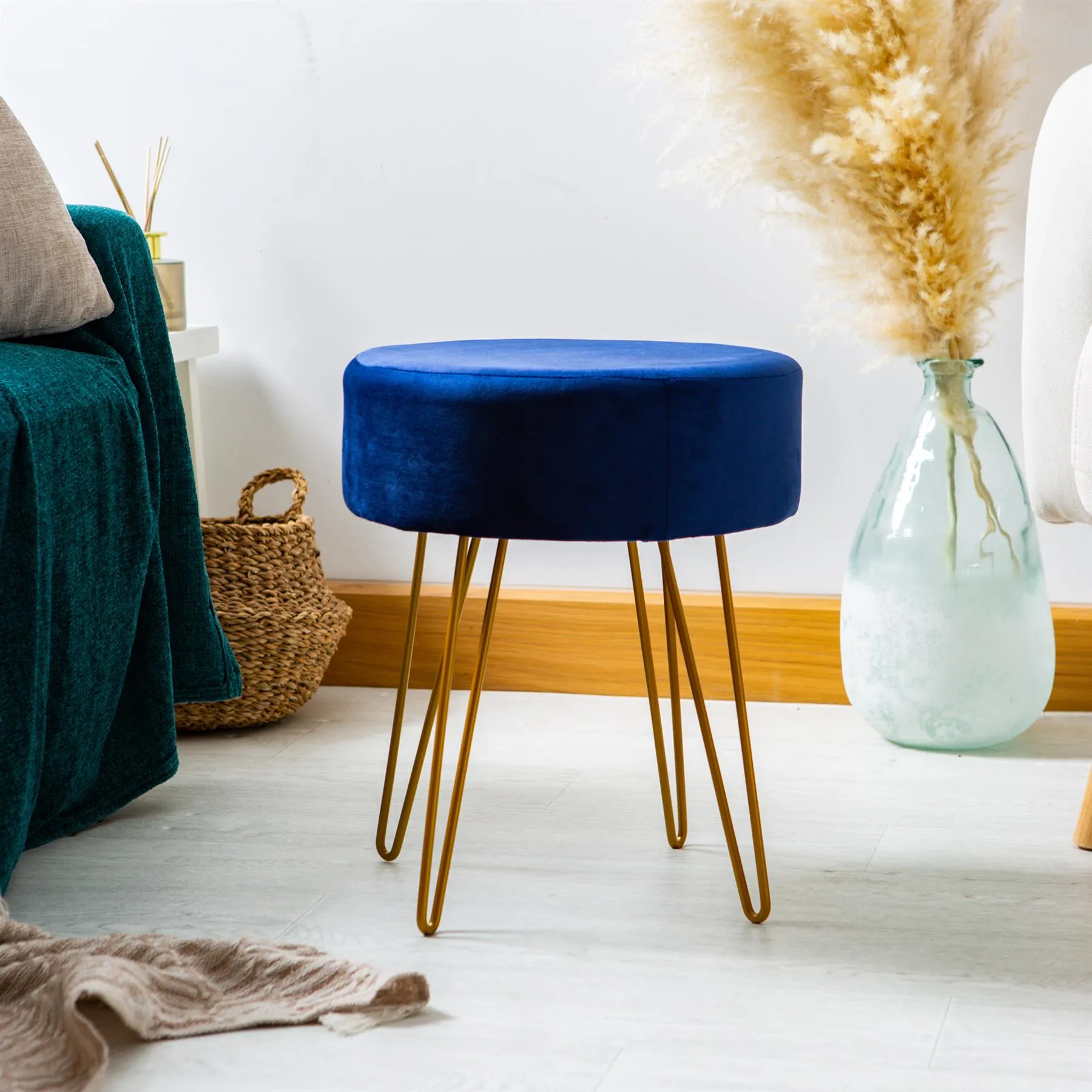 Blue Round Velvet Footstool - By Harbour Housewares