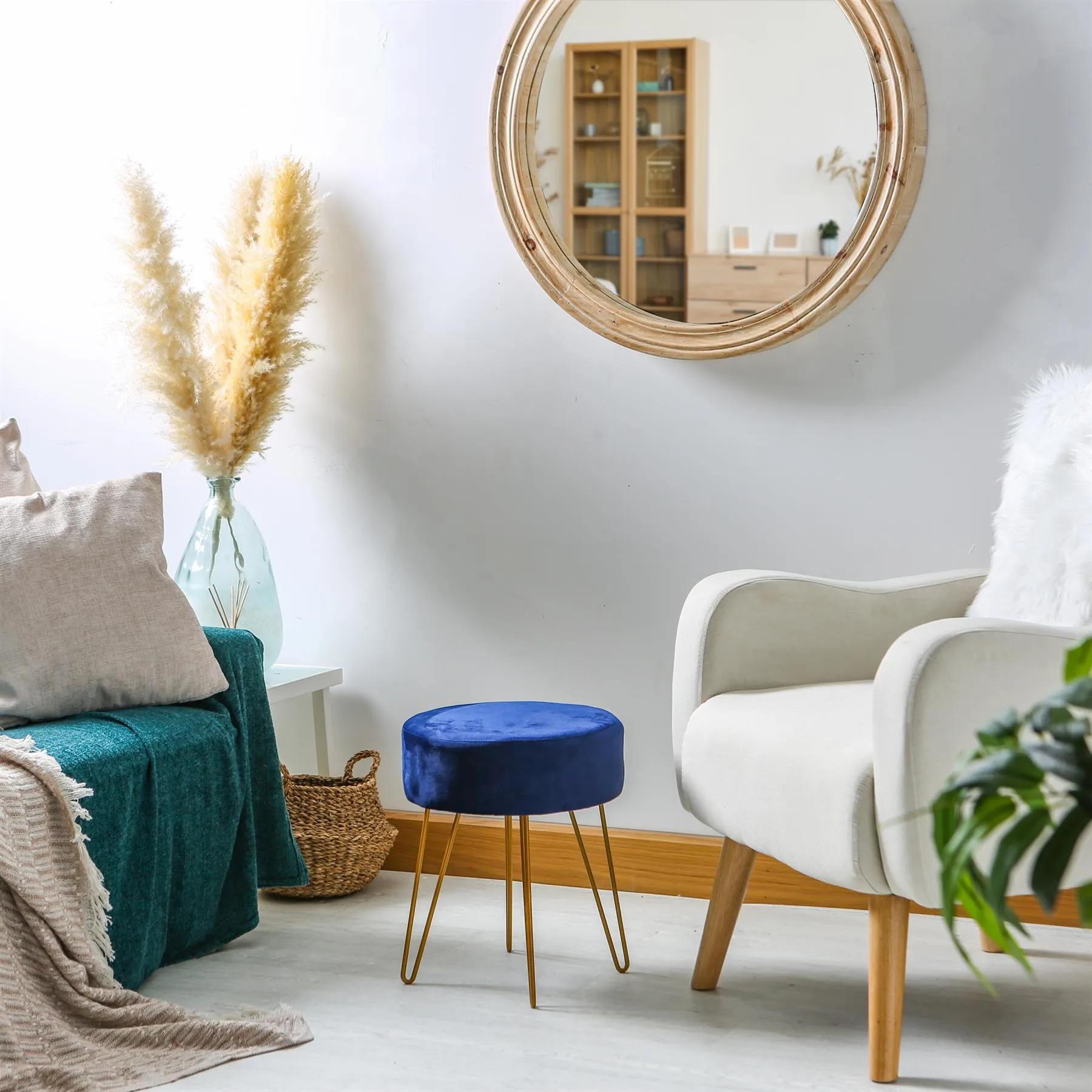 Blue Round Velvet Footstool - By Harbour Housewares